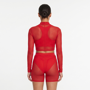 Conjunto de Dos Piezas de Malla Transparente para Mujer, Camiseta Ajustada de Malla Transparente, Pantalones Cortos Transparentes de Poliéster para Mujer - Product Image 4