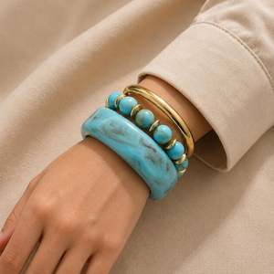Handmade Turquoise Marble Resin Bangle Stackable Resin Craft Beaded Stretch Bracelet Gold Cuff Set Women Jewelry Wholesale - Product Image 1