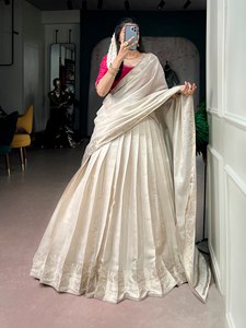 Elegant for Silk Lehenga Choli with Gold Border Natural Waistline <b>Vintage</b> Design Pleated Skirt for Weddings & All Seasons - Product Image 6