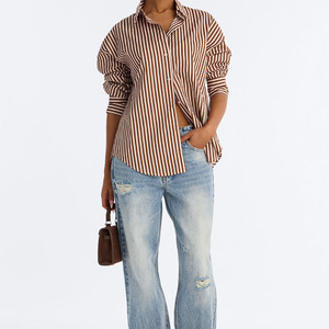 Camisa a rayas de manga larga estilo boutique para mujer, talla grande, con cuello vuelto, blusa informal de algodón, top de moda primaveral para mujer - Product Image 6