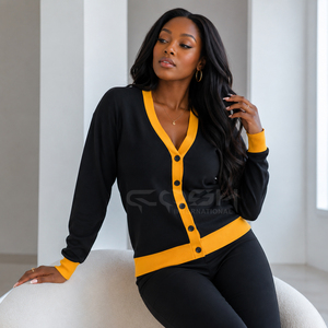 Cosh International Women's Black And Yellow Contrast Color V Neck Long Sleeve Knitted Cardigan Casual Open Front Sweater - Product Image 4
