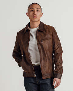 Chaqueta de Cuero Genuino Marrón para Hombre, Cuello Camisero, Cierre de Cremallera, Corte Regular, Estilo Motero, para Otoño - Product Image 1