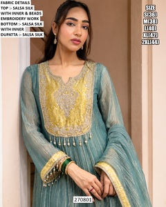Teal Salsa Silk Embroidered Floor-Length Salwar <b>Suit</b> Beads Work Quick Dry Sun Protection for <b>Women</b> Traditional <b>Wedding</b> Wear M L - Product Image 2