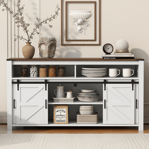 U_STYLE 59.3FT Credenza Buffet Stile Rustico per Soggiorno con Porta Scorrevole Stile Barn e Pannelli a Rete, Design con Vani Aperti - Product Image 1
