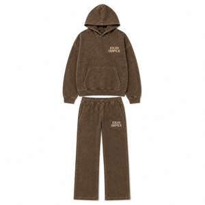 Ensemble de survêtement minimaliste pour homme en molleton de coton délavé de haute qualité, marron, en coton French Terry, avec logo décontracté, vêtements de sport décontractés - Product Image 3