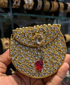 Luxury Handmade Storage Bag Indian Kundan Stone <b>Clutch</b> Bag Ethnic Antique <b>Gold</b> Plated Metal Bridal <b>Purse</b> for Wedding Party - Product Image 6