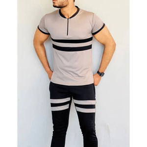 Mens Quarter Zip Striped Short Sleeve Tracksuit Custom Casual Two Piece Jogger Suit - Product Image 5
