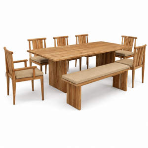 Ensemble de salle à manger d'extérieur en teck massif de luxe avec banc et fauteuils pour hôtel, villa, resort, jardin, patio, pique-nique - Product Image 1