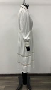 White Satin Midi Dress With <b>Lace</b> Trim Pleated A-Line Long Sleeve Turn-down <b>Collar</b> Casual Daily Wear - Product Image 3