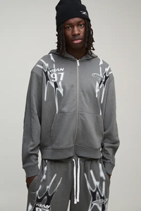 Chándal gris con capucha para hombre, cremallera frontal completa, estampado con efecto goteo, corte holgado, estilo urbano con bolsillos laterales, para otoño - Product Image 4