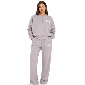 Ladies <b>Grey</b> <b>Tracksuit</b> Set with Bomber Zip Jacket Wide Leg Joggers for Gym Fitness Casual Wear Custom Sportswear Wholesale - Product Image 1