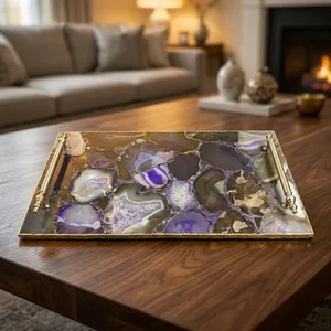 Plateau de service rectangulaire en agate violette fait main avec poignées métalliques et bord doré, idéal pour la table basse, la cuisine et la décoration intérieure - Product Image 6