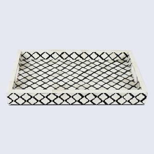 Rectangular Moroccan Style <b>Storage</b> <b>Tray</b> with Black Geometric Pattern Wood Painted Finish for Table Use - Product Image 2