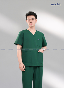 ชุดสครับคอวีสีเขียวสำหรับบุรุษ แขนสั้น ผ้าทอผสมคอตตอนและโพลีเอสเตอร์ พร้อมกางเกง - Product Image 4