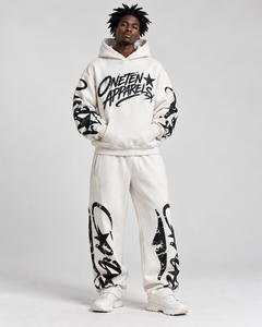 Men's Winter <b>White</b> Hooded Tracksuit Full Length Cotton Streetwear Set Black Print Logo Sleeve Leg Loose Fit <b>Sweatshirt</b> Pants - Product Image 1