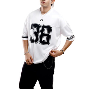 Vente en gros de maillots de football américain de qualité supérieure, blanc et noir, à manches courtes, rayés, t-shirts de sport respirants, taille plus, unisexe - Product Image 5