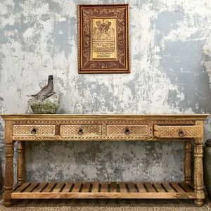 Hand Carved Mango Wood Traditional Design <b>Console</b> <b>Table</b> with 3 Drawers Antique Brown Finish for Bedroom Living Room & Dining - Product Image 3