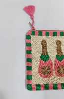 Tas Manik-Manik Persegi Panjang Buatan Tangan Dengan Desain Botol Sampanye Merah Muda, Alas Kanvas, Hadiah Kerajinan