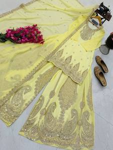Conjunto de traje Sharara tradicional bordado Fox Georgette al por mayor para mujer con trabajo de codificación y dupatta de 2.2M para todas las estaciones - Product Image 6