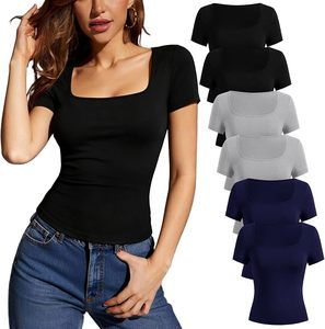 Top corto de punto de manga corta con cuello cuadrado para mujer, blusa informal de color liso, ajuste elástico, para todas las estaciones - Product Image 1