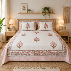 Soft Premium Classic White & Peach Floral Jaipuri Indian Hand Block Printed 100% Cotton Hotel Use Bedsheet <b>King</b> <b>Size</b> Wholesale - Product Image 5