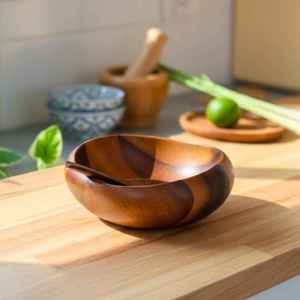 Ensemble de saladiers en bois d'acacia massif naturel, assiettes rondes en bois pour servir les fruits, les légumes, les pâtes, vaisselle de cuisine, vaisselle de table - Product Image 4