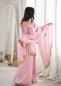 Traje Palazzo Rosa con Bordado de Encaje y Detalles de Espejo para Mujer, Estilo Casual, Corte Regular, Largo hasta el Tobillo, Tradicional, de Secado Rápido, Protección Solar - Product Image 2