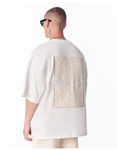 Men's Oversized <b>White</b> T-Shirt With Lace Applique Patch Street Style Short Sleeve O-Neck Cotton Jersey <b>Tee</b> - Product Image 4