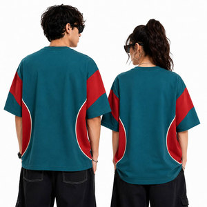 Camiseta Oversize de Color Único con Bloques de Color, Manga Corta, Cuello Redondo, Estilo Urbano, Ribete en Contraste, Estampado de Letras, Algodón con Relieve - Product Image 3