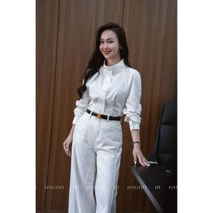 Camisa Elegante de Cuello Alto para Mujer, Cuello Convertible, Manga Larga, Algodón Lavado, Suave, Transpirable, Natural, para Oficina, A8114 - Product Image 4