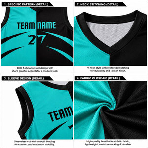 ชุดบาสเก็ตบอลแบบซับลิเมชั่นสีดำ-เขียวอมฟ้า คอวี แขนกุด เสื้อกล้าม กางเกงขาสั้น สำหรับผู้ใหญ่ ทรงปกติ แห้งเร็ว ชุดกีฬา - Product Image 6