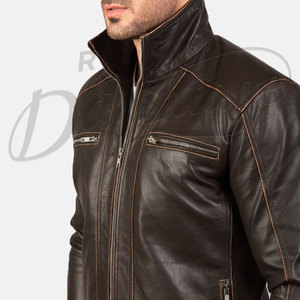 Chaqueta de Cuero Verde Esmeralda para Hombre, Corte Ajustado, Piel de Oveja Auténtica, Estilo Motero, Cuello Mao, para Otoño e Invierno - Product Image 1