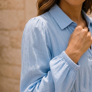 Robe midi en coton coupe trapèze avec ourlet à volants, manches longues, col à revers, décontractée, respirante, coupe ample pour l'été - Product Image 5