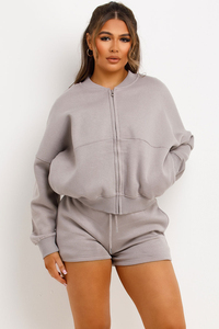 Conjunto Deportivo de 2 Piezas para Mujer, Color Gris, Sudadera Corta con Cremallera, Pantalones Cortos, Manga Larga, Estilo Casual para Primavera, Color Sólido, Bolsillos Laterales - Product Image 6