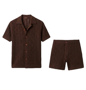 Ensemble chemise et short pour homme, manches courtes, uni, printemps, décontracté, été, coton, tricoté, respirant, haute qualité - Product Image 2
