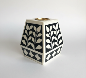 Support de bougie en os incrusté – Porte-bougie géométrique en mosaïque d'os noir et blanc, style floral arabe, décoration de luxe pour la maison, vente en gros - Product Image 1