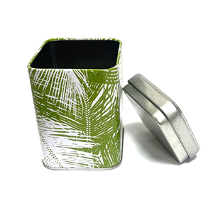 Caja de Almacenamiento de Hojalata con Diseño de Hoja de Palma Verde y Blanco, Contenedor Metálico Reciclable para Regalos y Manualidades - Product Image 1