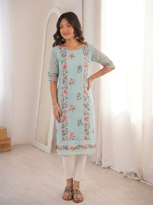 Indian Designer Women's Silk Kurti Pent Heavy <b>Chikankari</b> Embroidery Georgette Silk Fabric Wedding/Party Wear Semi-Stitched - Product Image 2