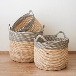 Two tone rattan <b>storage</b> <b>baskets</b> versatile home organizer handmade <b>basket</b> for grocery laundry <b>toy</b> - Product Image 6
