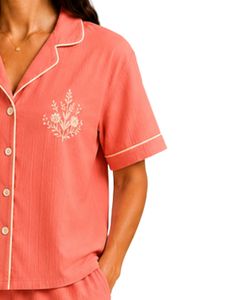 Conjunto de Pijama Rosa Coral para Mujer, Manga Corta, Algodón Popelina, Ropa de Dormir Bordada, Conjunto de Shorts con Botones, Cómodo para el Verano - Product Image 4