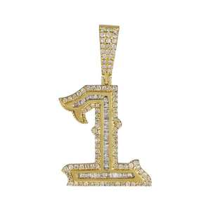 Colgante de Moissanita Número Uno Brillante, Diseño Baguette y Redondo, Amuleto Atrevido, Joyería Chapada en Oro/Plata Estilo Hip Hop - Product Image 1