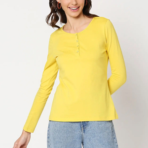 <b>Women</b> Long Sleeve O-Neck <b>T</b>-<b>Shirt</b> Solid <b>Yellow</b> Knitted Cotton Casual Wear - Product Image 2