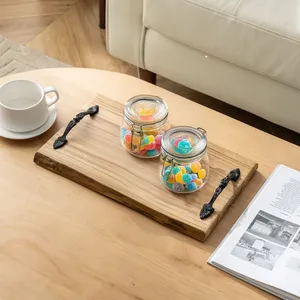 Wooden Serving Tray Rectangle Solid Minimalist Design Handmade with Metal Handles for Dishes & <b>Plates</b> - Product Image 4