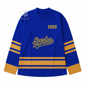 เสื้อฮอกกี้น้ำแข็ง Sigma Gamma Rho Sorority สีน้ำเงินทอง ผ้าตาข่ายโพลีเอสเตอร์ ระบายความชื้น เสื้อทีมกีฬาสำหรับการแสดงของทีม - Product Image 1