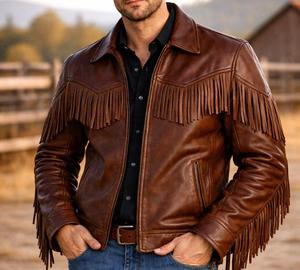 Authentic <b>Men</b>’s Cowboy Fringe <b>Leather</b> <b>Jacket</b> <b>Brown</b> Vintage Western Style Genuine <b>Leather</b> Coat with Tassel Detail - Product Image 1