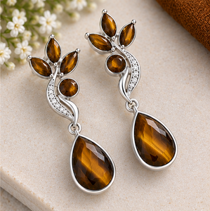 Boucles d'oreilles en argent sterling œil de tigre, boucles d'oreilles pendantes en pierre précieuse marron, bijoux élégants pour femmes - Product Image 3