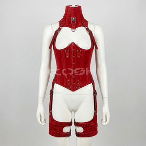 Corsé de cuero de gamuza rojo con varillas de acero y conjunto de arneses - Product Image 1