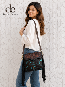 Women's Hand <b>Tooled</b> <b>Leather</b> Cross Body Bag With Tassel Fringe Bohemian Flap Closure Metallic Design Stylish Daily Use Handbag - Product Image 6