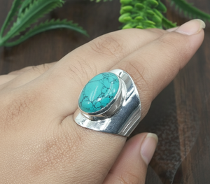 Blue Turquoise Gemstone <b>Ring</b> 925 Sterling Silver Handmade Oval Cabochon <b>Statement</b> <b>Ring</b> Vintage Style Men Jewelry - Product Image 3