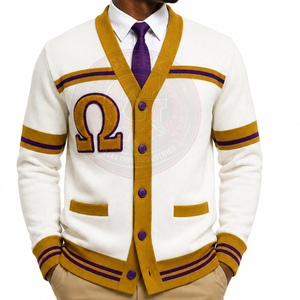 Custom fraternity Omega Greek Letter <b>Cardigans</b> <b>Sweaters</b> White Gold Purple Chenille Embroidery Women's V-Neck Varsity Knitwear - Product Image 2